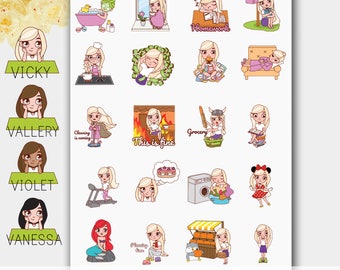 Girl Planner Sticker Set, Girl Stickers, Hand Drawn Stickers, Character Stickers, Planner Girl Stickers, Planning Girl Stickers, Plan Girl