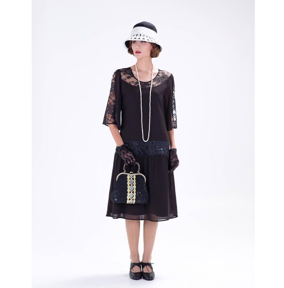 Black 1920s chiffon and lace dress elbow-length sleeves