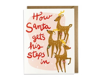 Funny Christmas Card - Holiday Card, Santa, Exercise Steps, Reindeer