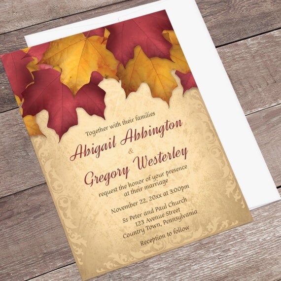 Burgundy Gold Autumn Wedding Invitations - Rustic Fall Wedding Invitations, Rustic Leaves over Gold with Flourish - Printed Invitations Il_570xn
