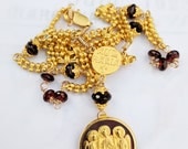 Necklace - Holy Trinity Angels Icon - 18K Gold Vermeil - Genuine Garnet - 18K Gold Plated Parisian 26.5 Inch Chain