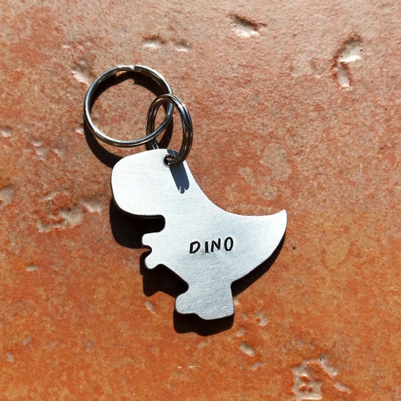 T-Rex Dinosaur Dog ID Tag, Hand Stamped Tag, Hand Cut Copper, Brass, Aluminium