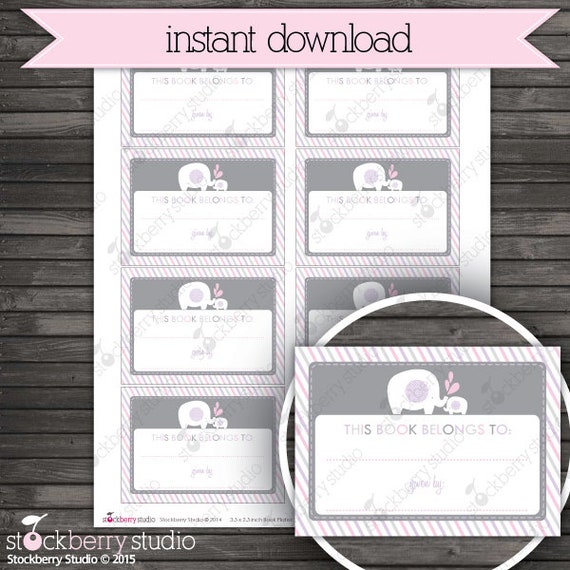 girl elephant baby shower book plate label printable pink purple book plate labels