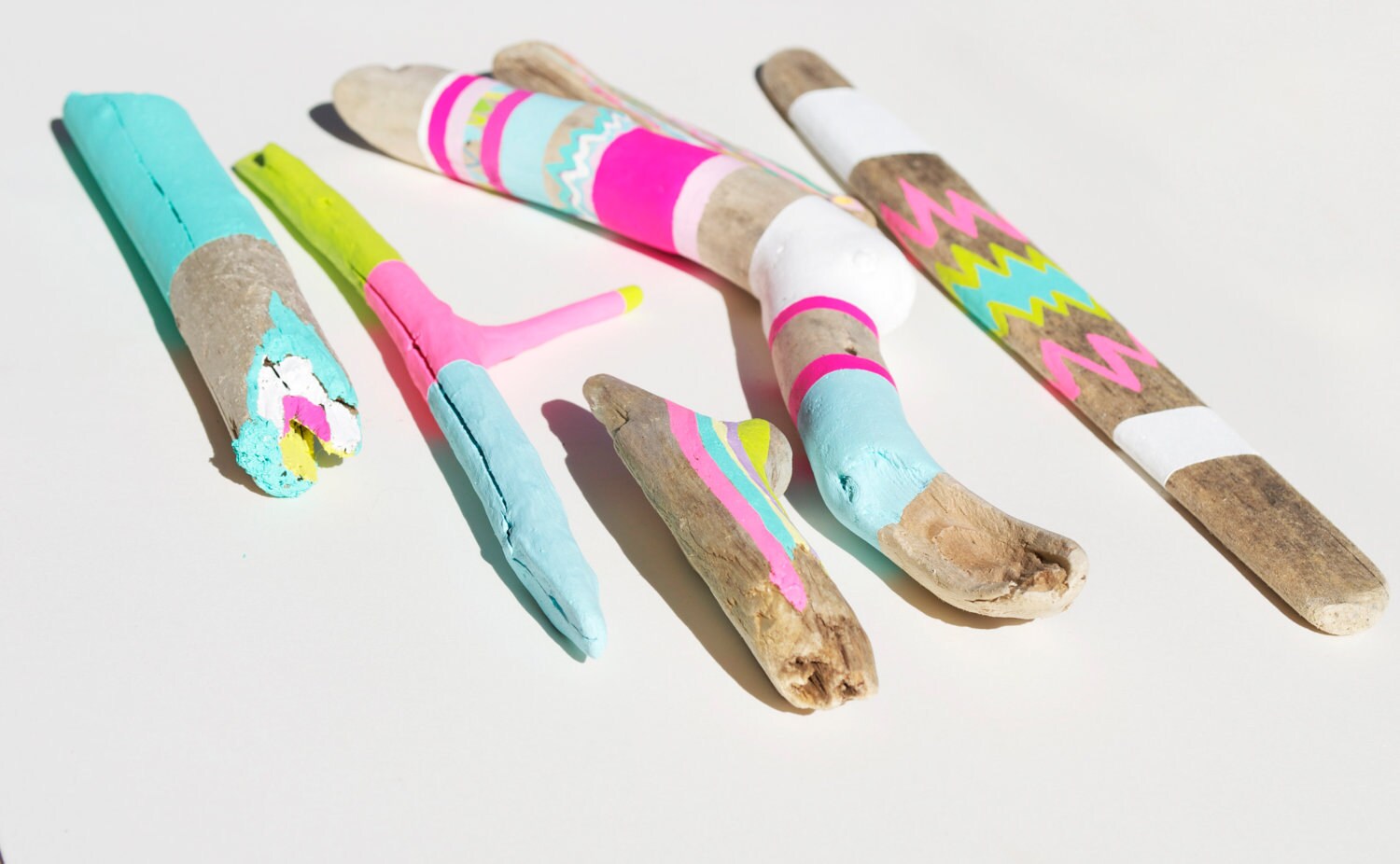 Driftwood Art - 6 Piece Painted Sticks - Neon, Pastel, Chevron, Triangles, Ikat, Color Block - Tribal Inspired Pattern, Geometric