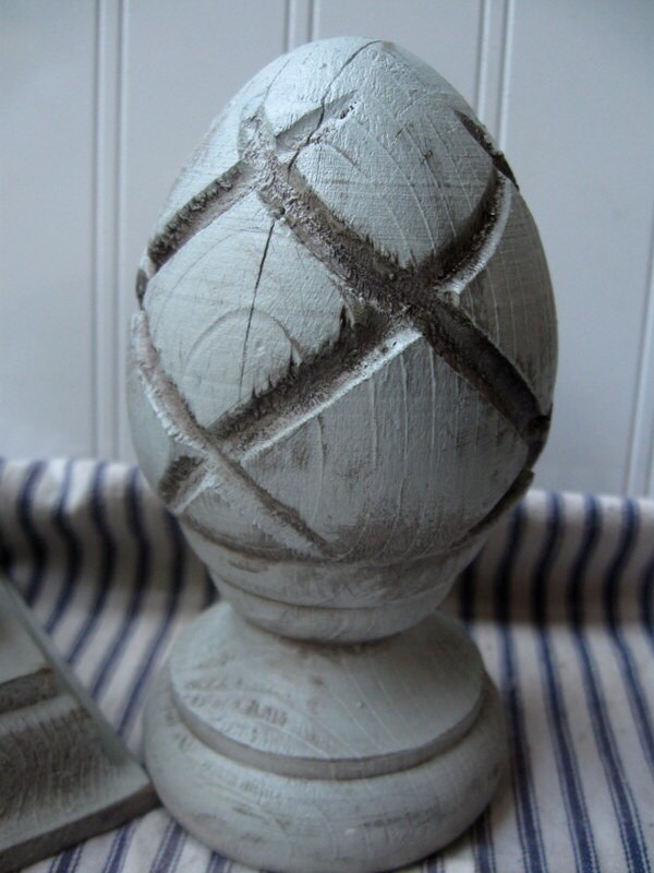 Pair wooden acorn finials French grey Swedish grey Shabby Chic