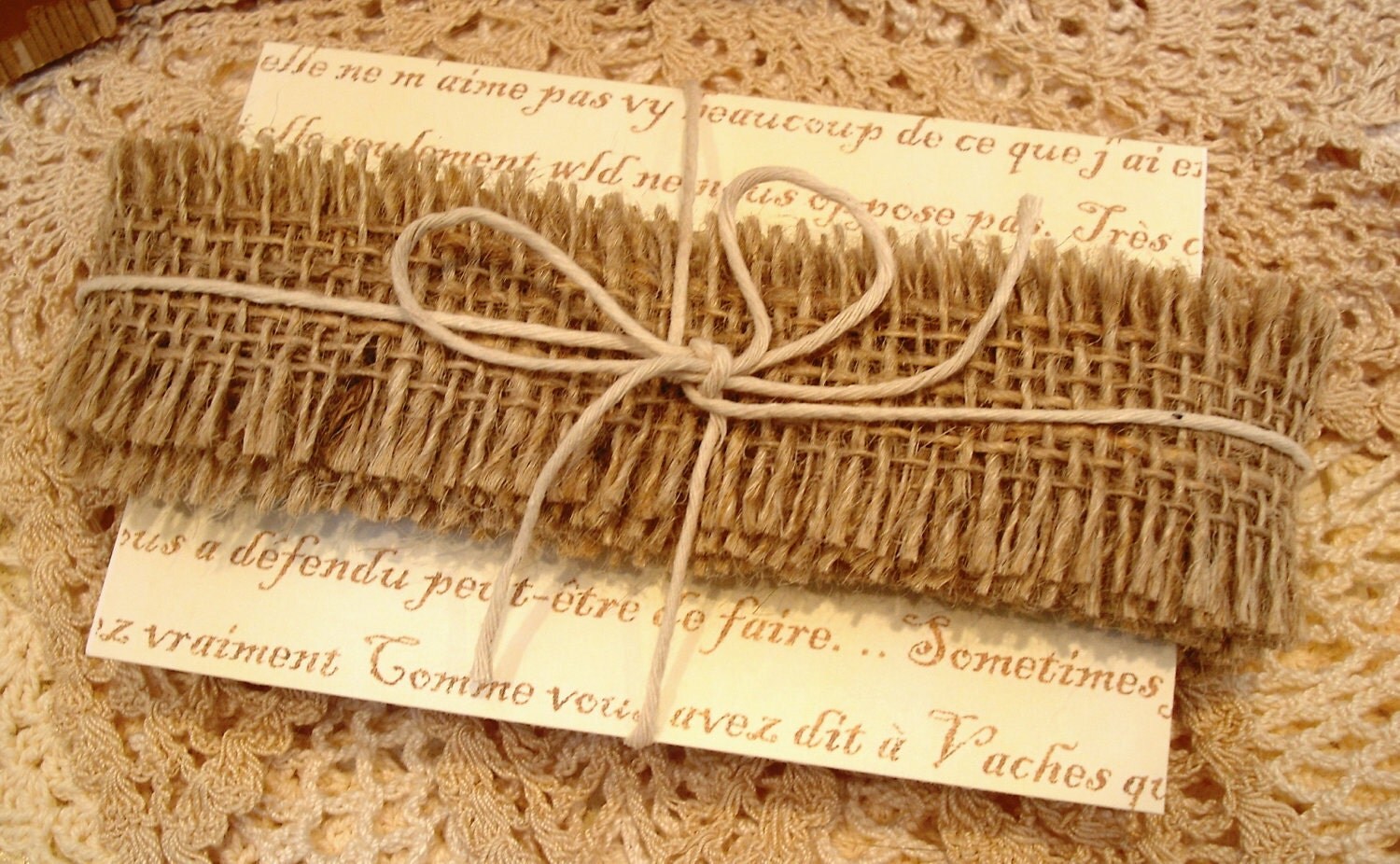 3 Yards Paris Flea Fringed Edge Burlap Ribbon/French Script Tag/Raw Baker's Twine
