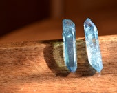 DOUBLE TERMINATED Aqua Aura Earrings Post Stud Crystal Point Gold Coated Quartz - PrairieFairyDesigns