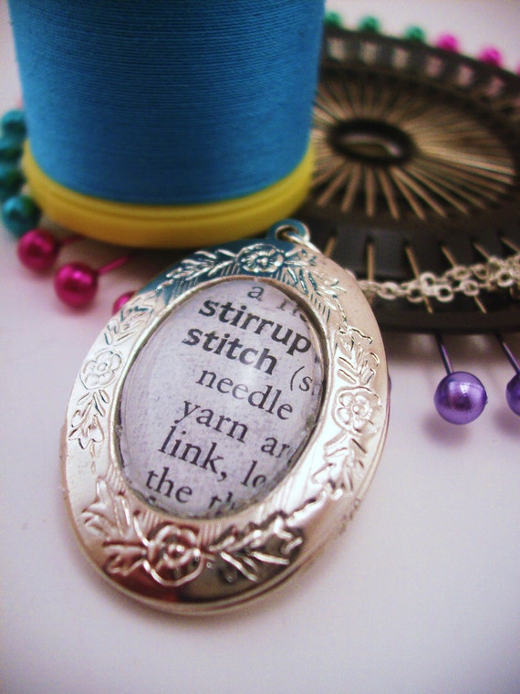 Stitch Wordplay necklace. Perfect for a gal who sews, seamstress gift. Sterling plated locket. Everyday wear. Dictionary page.