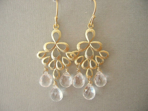 Gold Chandelier Earrings,   Rock Crystal Quartz PearsBridesmaids Jewelry, Bridal Jewelry