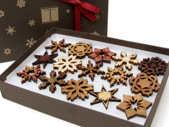 Mini Wooden Snowflake Ornament Gift Box. Rustic Handmade Designs Laser Cut from Sustainable Harvest Wisconsin woods.