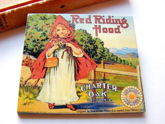 Vintage Fruit Label Pin Brooch Red Riding Hood  by mimiandlucy