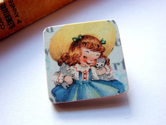 Tiny Wood Pin Brooch Little Girl with Kittens by mimiandlucy