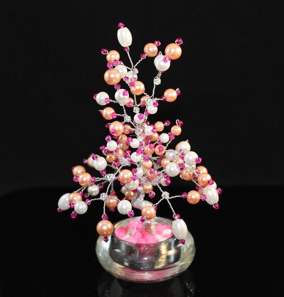 Wire Wrapped Tree Sculpture with Peach and White by JanettaJewelry