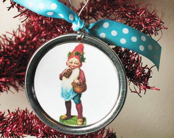 Elf/Gnome Christmas Ornament  Upcycled can lid by picardcreative