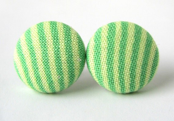 Green stud earrings yellow stripes by KooKooCraft on Etsy