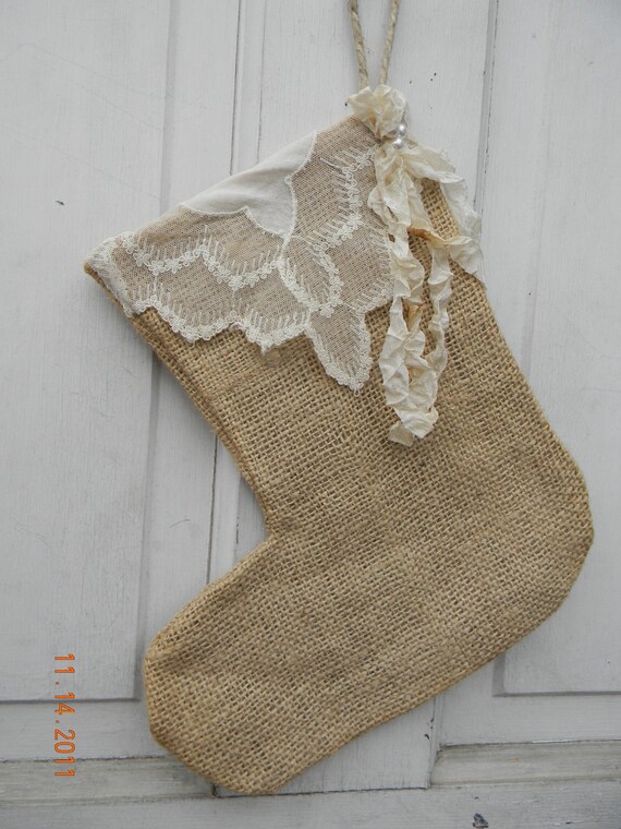 Burlap Christmas Stocking with Vintage Hankerchief Cuff