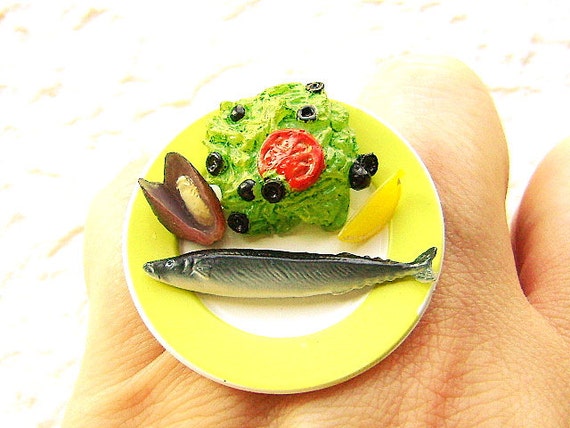 Kawaii Food Ring Fish Salad Miniature Food by SouZouCreations