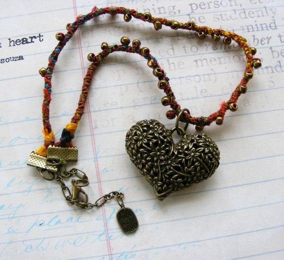 Flowers on Heart Pendant with Woven and Beaded by meiguidesigns