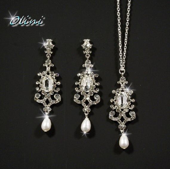 OMEGA - Bridal Rhinestone and Pearl Set in silver by OliniBridalJewelry