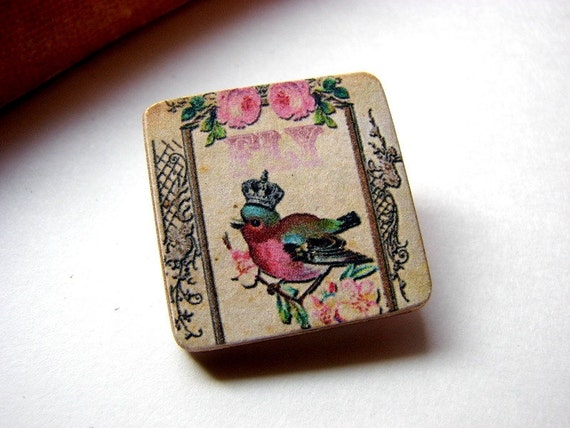 Tiny Wood Pin Brooch Fly Pink and Blue Bird by mimiandlucy on Etsy