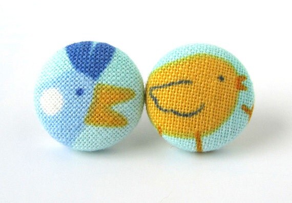 Stud earrings chicken jewelry kids children yellow by KooKooCraft