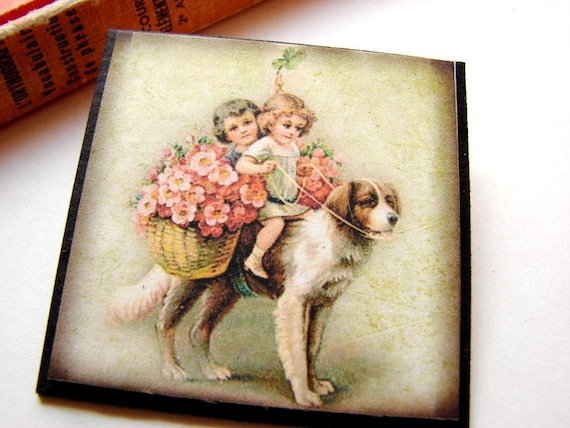 Pin Brooch Children Riding a Dog with Baskets of von mimiandlucy