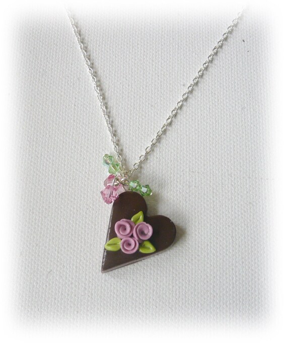 Chocolate Candy Pink Heart Necklace Polymer Clay by Lottieoflondon