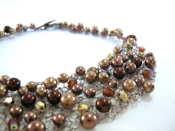 French Coffee Statement Necklace, Wire Knit and Beaded. frenchsoul