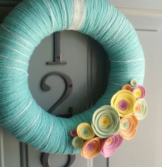 Yarn Wreath Felt Handmade Door Decoration - Sherbert 12in