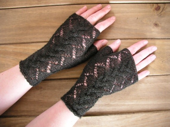 Chocolate hand knitted lacy fingerless gloves by CrazyAboutGloves -Etsy