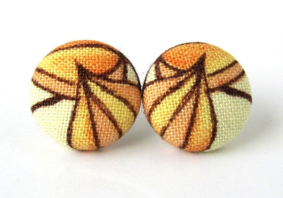 Button earrings studs yellow brown orange fabric von KooKooCraft