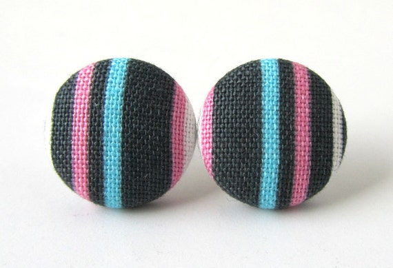 Stud earrings button post stripes blue pink gray von KooKooCraft