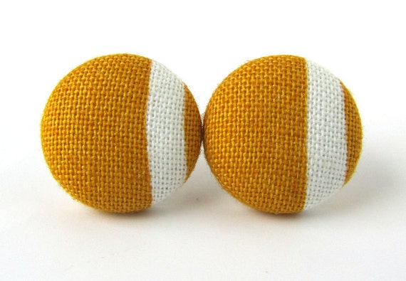 Orange mustard yellow button earrings studs post von KooKooCraft