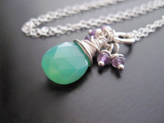 Green Chalcedony Briolette Necklace, Purple Amethyst, Sterling Silver, Wire Wrapped