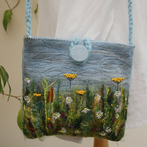 Embroidered and Felted Recycled Bag  Meadow by Lynwoodcrafts