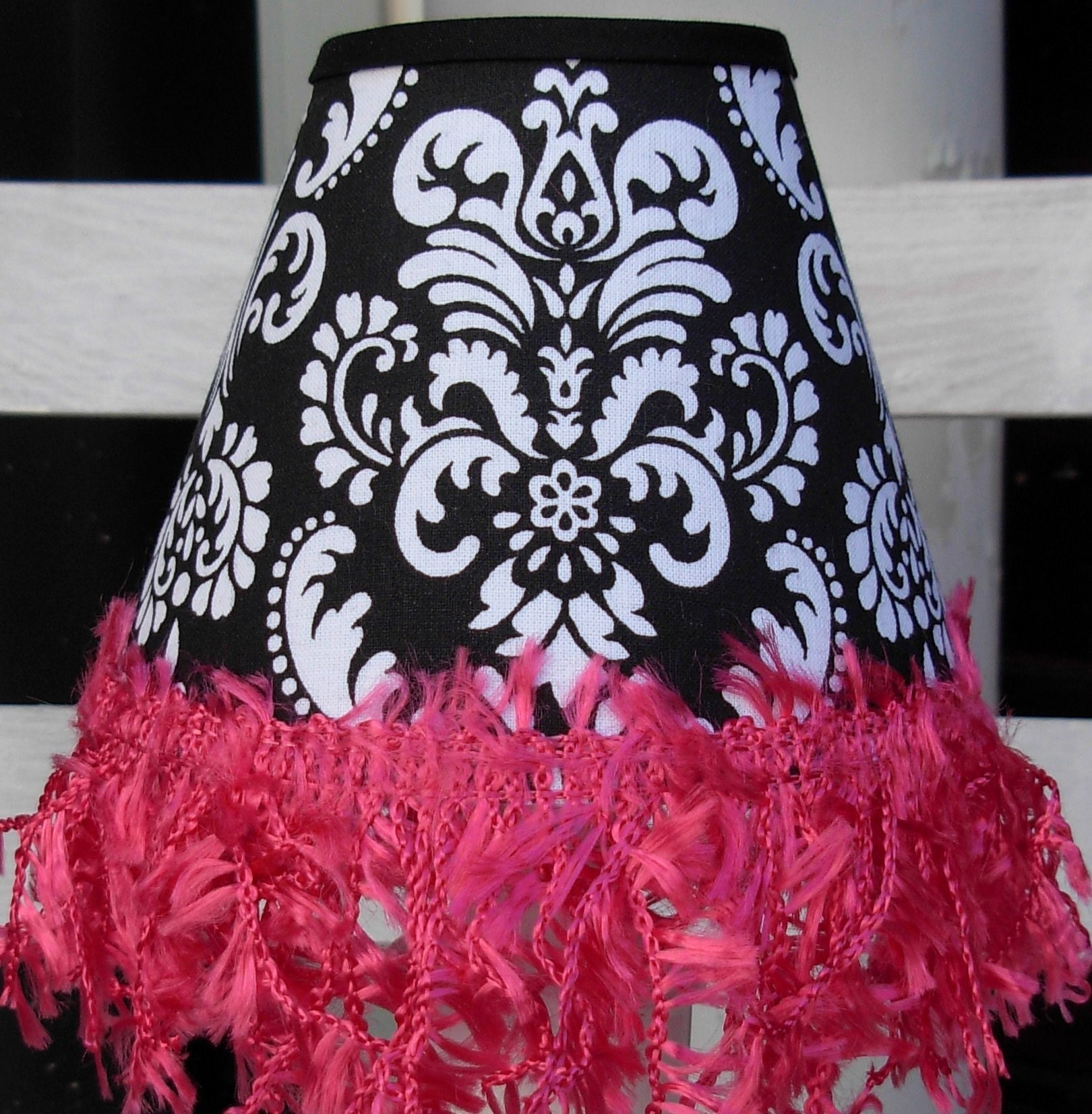  Lamp ShadesBlack and White Damask with Hot Pink Gimp Fringe