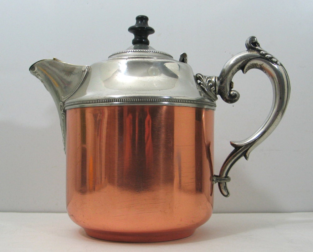 Copper Antique Tea Kettle, Pewter & Brass Mounts, Rochester