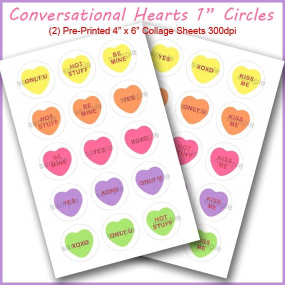 PRINTED Conversational Hearts Bottle Cap Set 1 Inch Circles 4x6 