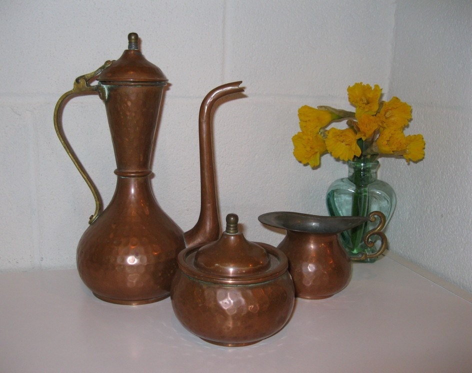 Antique Copper Tea Pot, Copper Creamer, Copper Sugar Bowl, available at The Rare Bird